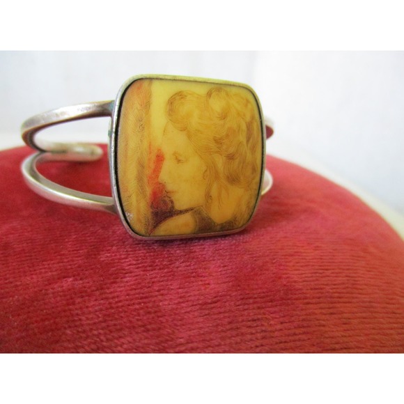 Vintage Sterling Silver Cuff Bracelet with Painted Stone Cameo